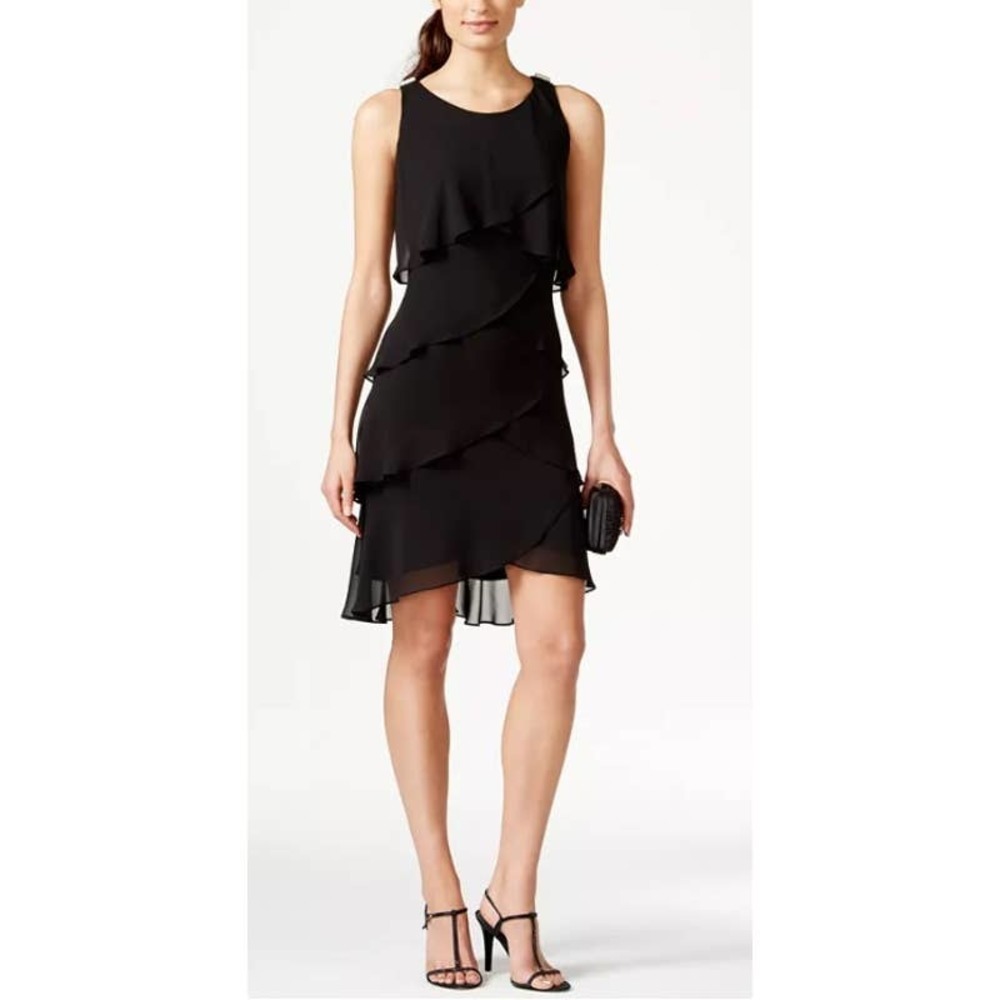 SLNY Black Tulip Tiered Chiffon Coctatil Dress w/ Rhinestone Detail Size 16-NWOT